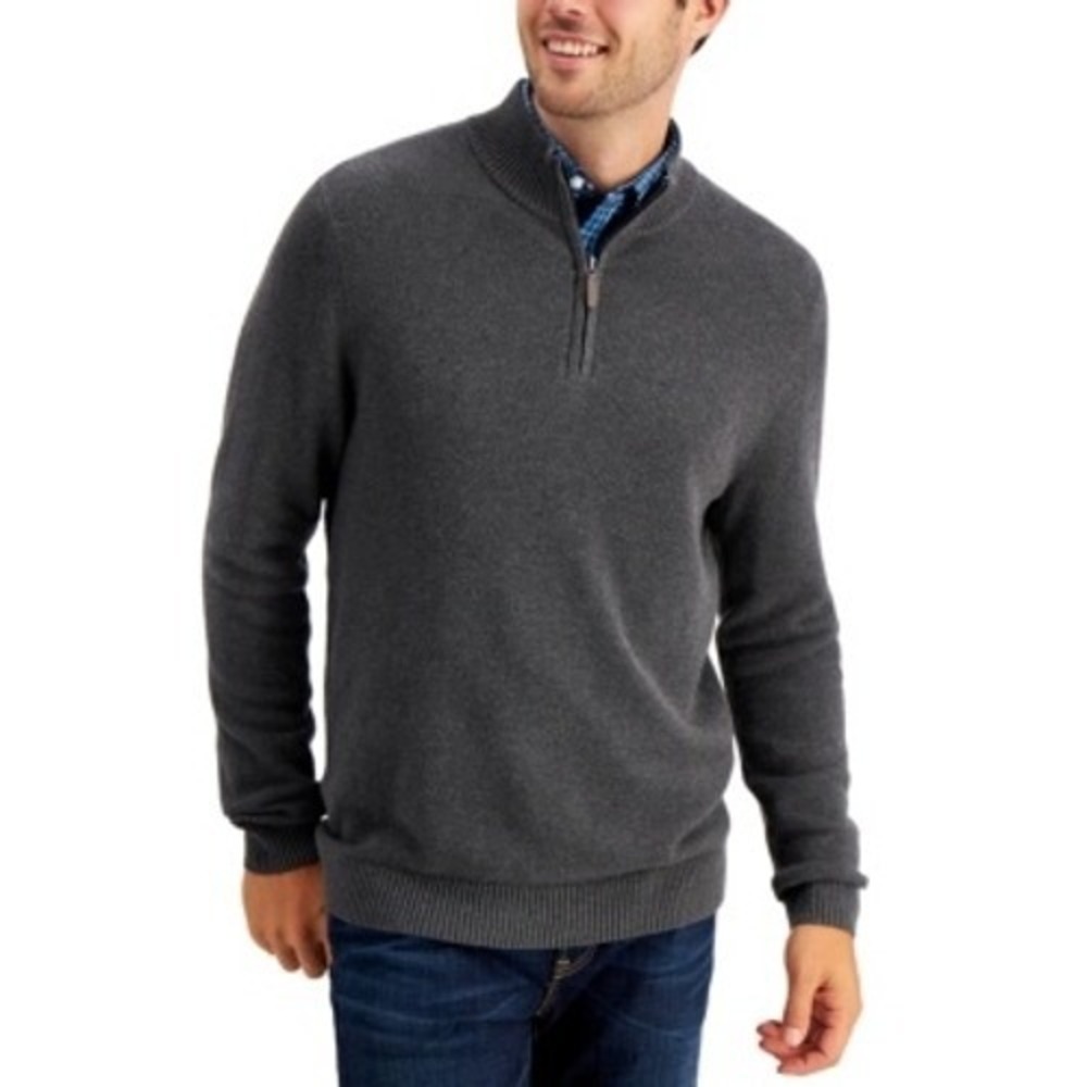 Club Room Sweater Mens Large Charcoal Mock Neck 1/4 Zip Pullover Long Sleeve NWT